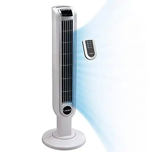 Lasko Portable 36" Oscillating 3-Speed Tower Fan with Remote Control and Timer for Bedroom and Home Office, White, 2510