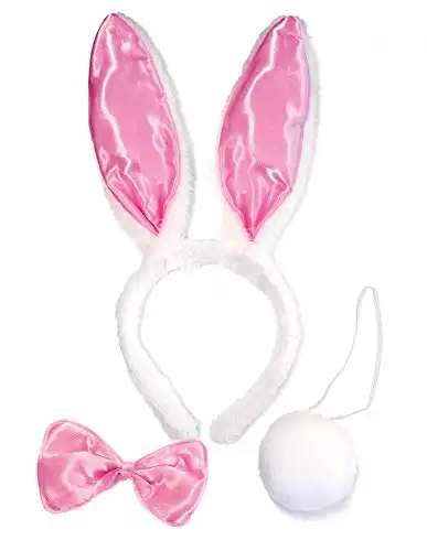 OLYPHAN Bunny Rabbit Costume Kit for Adult - Bunny Ears Headband for Halloween Dress Up, Cosplay Accessories Set (Light Pink Satin & White)