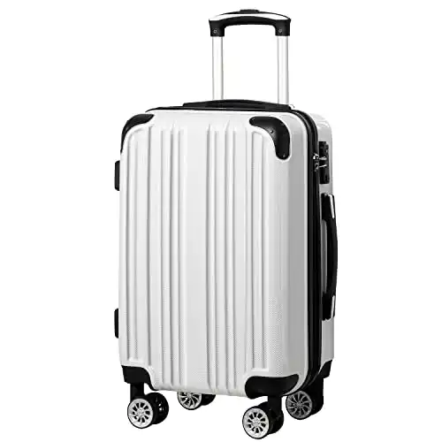 Coolife Luggage Expandable(only 28") Suitcase PC+ABS Spinner 20in 24in 28in Carry on (white grid new, S(20in)_carry on)