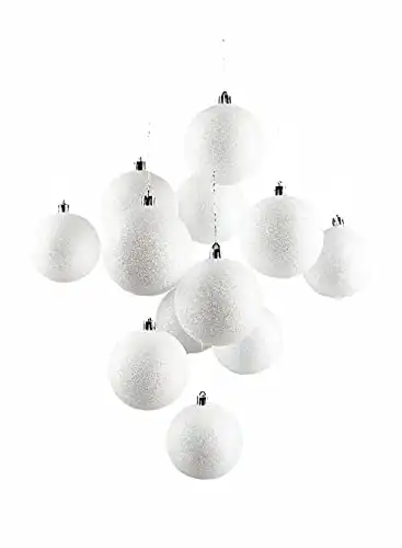 Serene Spaces Living Set of 12 White Glitter Ball Ornaments for Christmas Tree, Holiday Decorations, Winter Wedding, Table Centerpiece, Window Box, Measures 3" Diameter