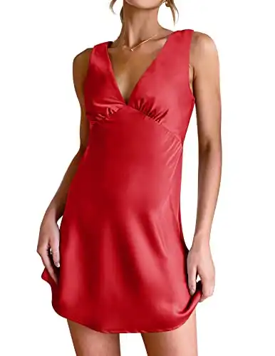 ZESICA Women's 2023 Summer Satin V Neck Sleeveless Backless Tie Waist Silky Cocktail Club Party Mini Dress,Red,Small
