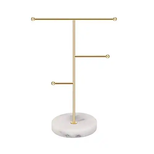Feelava Jewelry Organizer,Solid Marble Gold T-Bar Necklace Display Stand Earrings Holder for Home with Marble Pattern Round Tray Jewellery Stand for Necklaces, Bracelets, Earrings, Rings and Watches, ...