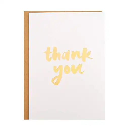 Thank You Card - Single White Textured Card with Gold Foiled Lettering with 1 Kraft Envelopes - 5" x 7" Blank Inside
