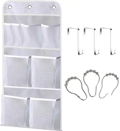 MISSLO Hanging Mesh Pockets Hold 340oz/1000ml Shampoo Shower Organizer with Over the Door Hooks and Shower Curtain Hooks
