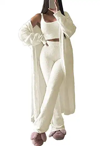 Fixmatti Women's Fuzzy 3 Piece Sweatsuit Open Front Cardigan Crop Tank Tops Wide Legs Pants Lounge Sets (Small, 1-White)