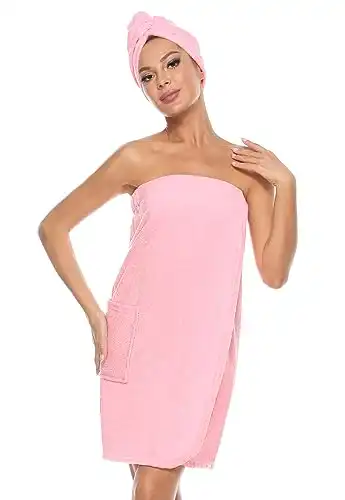 Orrpally Women Bath Wrap Towel Spa Wraps Robe Terry Cloth Towel Wrap Adjustable Closure Bathrobe Pink XL