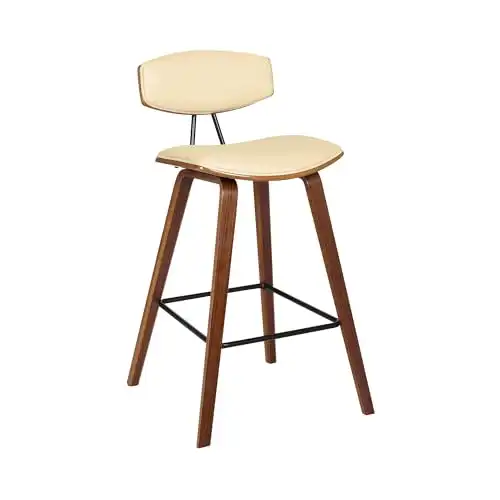 Armen Living Fox 25.5" Counter Height Cream Faux Leather and Walnut Wood Mid-Century Modern Bar Stool