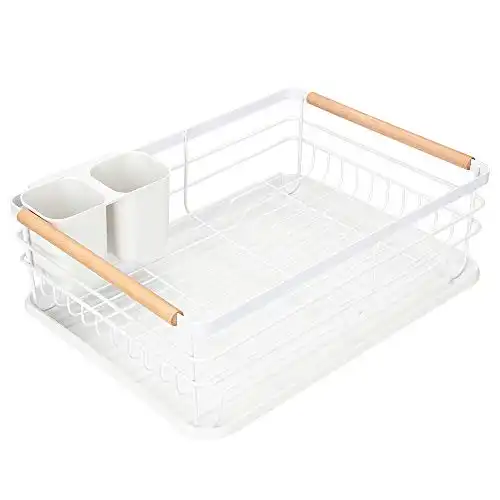 Attom Tech Home Modern Wood Handle Dish Rack and Drain Board, 16.5" x 12" x 5.5" Kitchen Plate Cup Dish Drying Rack Tray Cutlery Dish Drainer