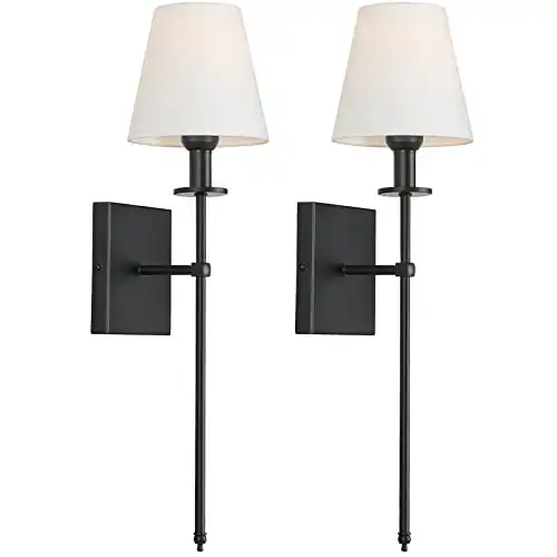 Set of 2 Slim Wall Sconces with White Fabric Shade, Plug in or Hardwired Indoor Wall Lights, Matte Black Bedside Wall Lantern Metal Column Stand Wall Lamp for Bedroom Living Room Vanity Bathroom