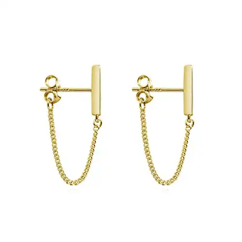 Reffeer 925 Sterling Silver Bar Chain Dangle Earrings Drops for Women Girls Gold Bar Drop Earrings Chain Studs (A-Gold1)