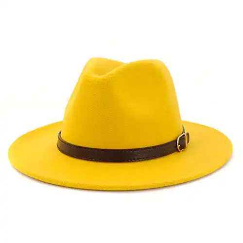 Gossifan Men & Women Panama Hat Classic Wide Brim Fedora Hat with Belt Buckle-Yellow