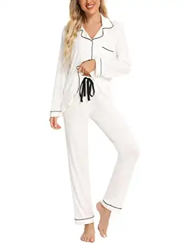 Leikar Bridesmaid Pajamas Sets For Women Soft Long Sleeve Shirt and Pajama Pants Soft Pjs Lounge Sets S-XXL White