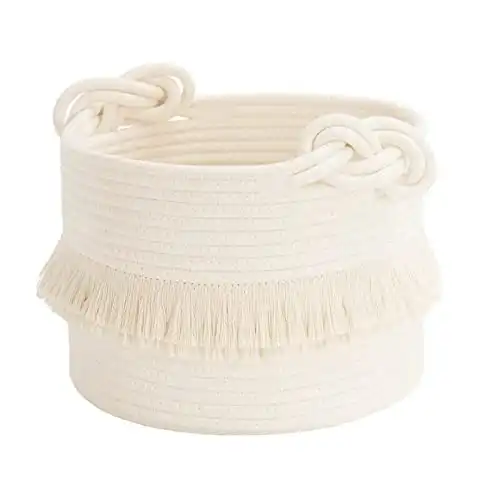 CherryNow Small Woven Storage Baskets Cotton Rope Decorative Hamper for Diaper, Blankets, Magazine and Keys, Cute Tassel Nursery Decor - Home Storage Container – 9.5'' x 7'' Off-...
