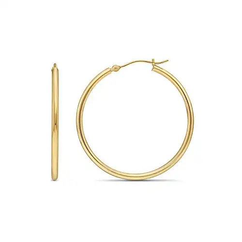 14k Yellow Gold Classic Shiny Polished Round Hoop Earrings, 2mm tube (30mm (1.2 inch))