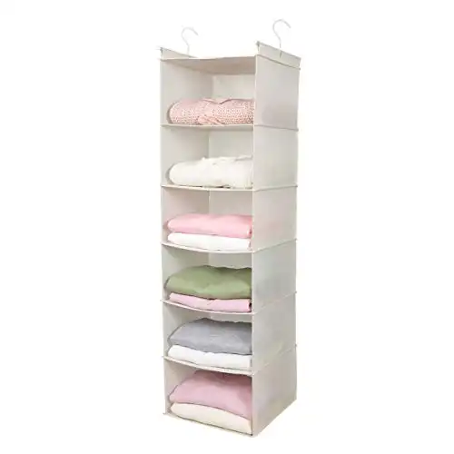 MAX Houser 6 Tier Shelf Hanging Closet Organizer, Cloth Hanging Shelf with 2 Sturdy Hooks for Storage, Foldable (Beige)