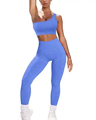 OYS Workout Sets for Women 2 Piece Seamless High Waist Yoga Leggings Running Sports Bra Outfits Gym Clothes Blue