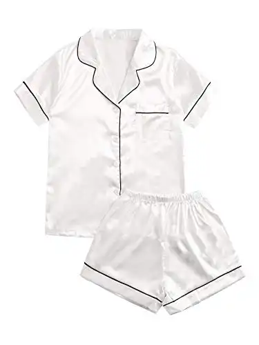 SweatyRocks Women's Short Sleeve Sleepwear Button Down Satin 2 Piece Pajama Set White Large
