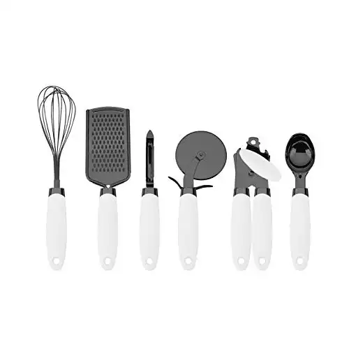 Country Kitchen 6 Pc Essentials Kitchen Stainless Steel Gadget Set Black Gun Metal with Soft Touch White Handles for Cooking