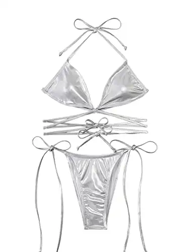 SweatyRocks Women's Metallic Halter Top Two Piece Swimsuit Lace Up Triangle Bikini Bathing Suit Silver S