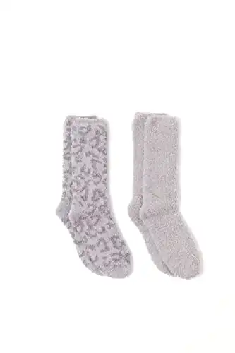Barefoot Dreams CozyChic Women’s Barefoot in the Wild 2 Pair Sock Set-Crew Socks, Plush Socks, Loungewear, Warm Toes, Fuzzy Socks-Set of 2, Linen/Warm Gray Multi, OS