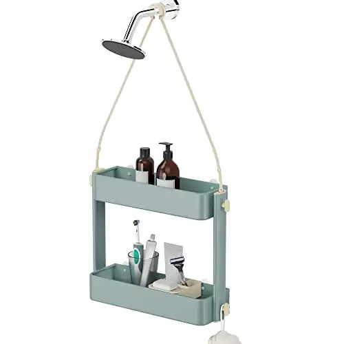 SINOART Hanging Shower Caddy,Bathroom Shelf Organizer, Shower Door Caddy,Aluminum,Adjustable Height,LightCyan