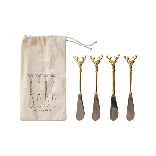 Creative Co-Op Stainless Steel and Brass Canapé Knives with Gold Finish Reindeer Handles, Set of 4 in Printed Drawstring Bag