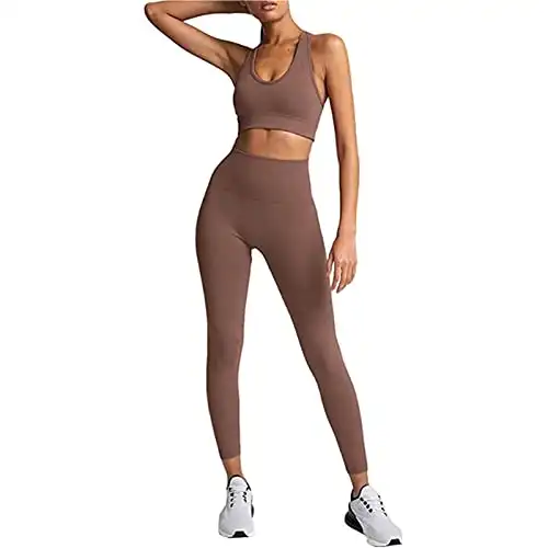 Hotexy Workout Set for Women 2 Pieces Outfits Seamless Yoga Leggings with Racer Back Sports Bra Gym Sets Matching Sets Brown