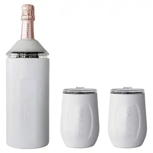 Vinglacé Wine Bottle Chiller Gift Set- Portable Stainless Steel Wine Cooler with 2 Stemless Wine Glasses, Stone