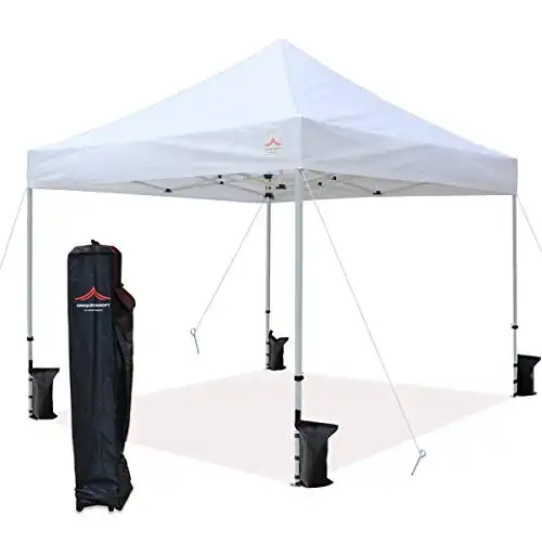 UNIQUECANOPY 10'x10' Ez Pop Up Canopy Tent Commercial Instant Shelter with Heavy Duty Roller Bag, 4 Canopy Sand Bags, 10x10 FT White
