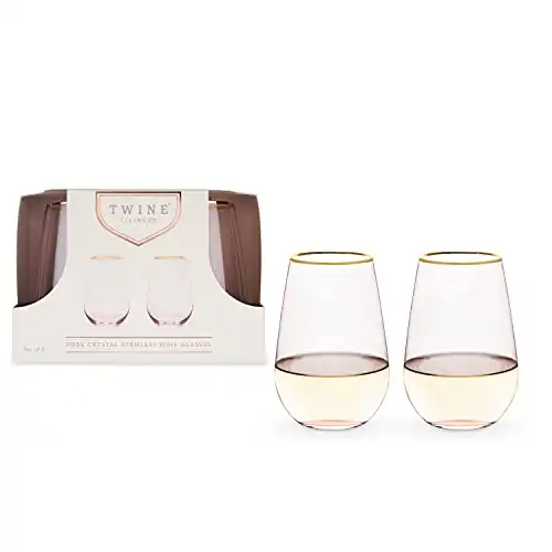 Twine Rose Wine Glasses, Gold Rimmed Pink Tinted Crystal Wine Glass Set, Stemless Wine Glasses, Set of 2, 18 Ounces