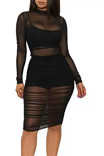 Sprifloral Women 3 Piece Outfits Sexy Crop Top Short Set Mesh See-Through Bodycon Dress Clubwear Black Large
