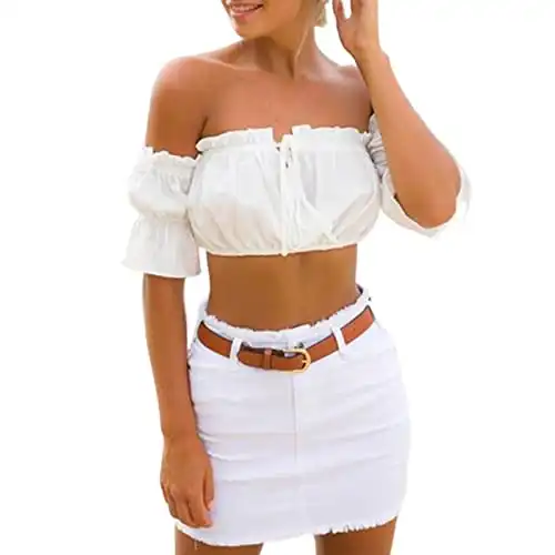leveltech Women's Strapless Off Shoulder Ruffled Crop Top Blouse Tee T-Shirt (M, White)