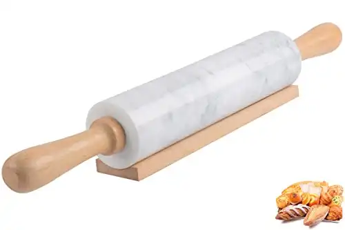 SIPARUI Marble Rolling Pin with Wooden Cradle Thick Handle Set for Baking,18.5 inch Premium Quality Polished Roller for Pizza Dough,Fondant,Pie Crust,Non-Stick Surface Easy to Clean(White)