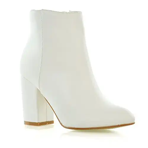 ESSEX GLAM Womens Casual Block Mid High Heel Smart Ankle Boots (6 B(M) US, WHITE SYNTHETIC LEATHER)