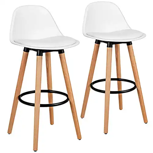 COSTWAY Bar Stools Set of 2, Modern Armless Kitchen Stool with Soft PU Leather Seat, Bar Height Stool with Round Metal Footrest & Comfortable Curved Backrest for Home, Dining Hall (White, 2)