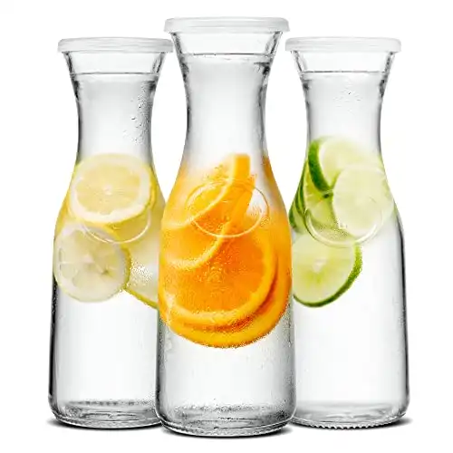 Kook Glass Carafe Pitchers, Beverage Dispensers, Clear Jugs For Mimosas, Water, Wine, Milk and Juice, with Plastic Lids, Dishwasher Safe, 35 oz (Set of 3)