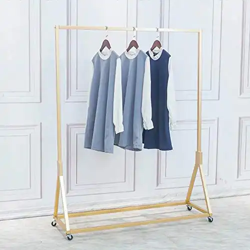 FURVOKIA Modern Simple Heavy Duty Metal Rolling Garment Rack with Wheel,Retail Display Clothing Rack, Single Rod Floor-Standing Hangers Clothes Shelves (Gold Square Tube A, 47.2 L)