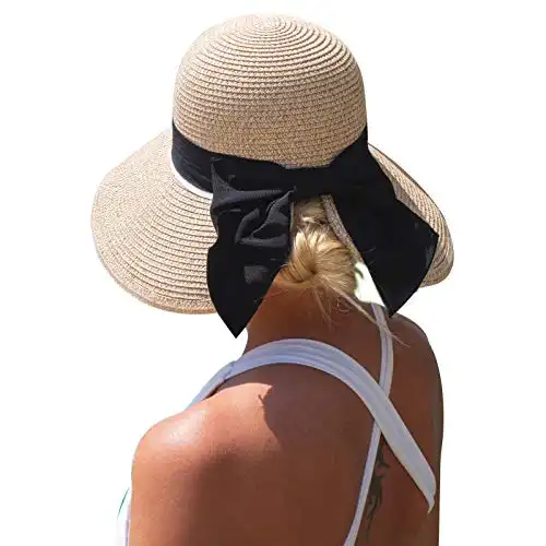 Women Summer Straw Sun Hat UPF Ladies Beach Accessories Fashions Hats Fedora Wide Brim Packable Beige Medium M