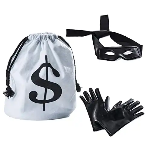 Tigerdoe Robber Costume - Bandit Mask, Bag & Gloves - Burglar Costume - Bank Robber Accessories