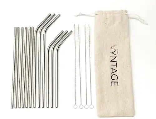 Vyntage 12-Pack Stainless Steel Reusable Metal Straws and Cleaning Set - 6 Bent + 6 Straight + 4 Cleaning Brushes - Perfect for Cold and Hot Drinks and 20oz + 30oz Tumblers - Includes Carry Pouch