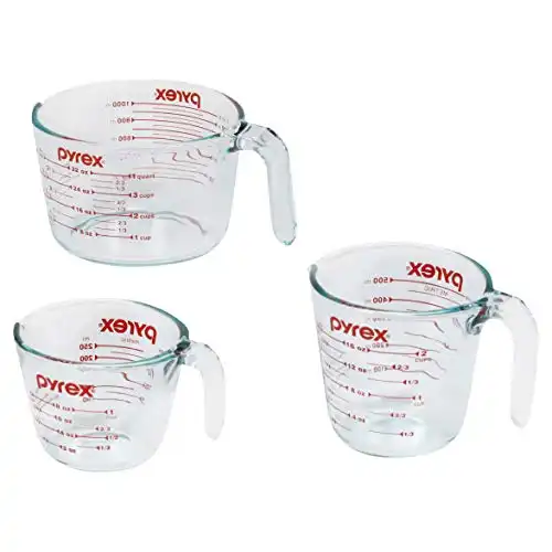 Pyrex 3 Piece Measuring Cup Set, Includes 1, 2, and 4 Tempered Glass Liquid Measuring Cups, Dishwasher, Freezer, Microwave, and Oven Safe, Essential Kitchen Tools