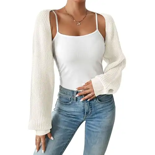Durio Bolero Shrugs for Women Y2K Long Sleeve Cropped Sweater Cardigan Open Front Womens Fall Fashion 2023 A White Small