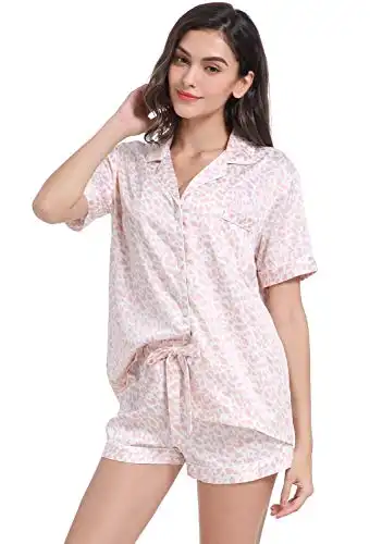 Serenedelicacy Women's Satin Pajama Set 2-Piece Sleepwear Loungewear Button Down Short Sleeve PJ Set (Medium, Blush, Leopard)