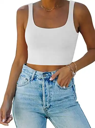 REORIA Women's Summer Sexy Basic Sleeveless Square Neck Fitted Seamless Yoga Cropped Tank Cute Crop Tops for Teen Girls White Small