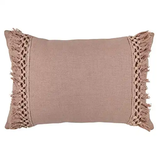 Amazon Brand – Rivet Modern Macrame Fringe Lumbar Throw Pillow - 18 x 12 Inch, Blush