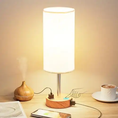 Fenmzee Bedside Table Lamp for Bedroom - 3 Way Dimmable Touch Lamp USB C Charging Ports and AC Outlet, Small Lamp Wood Base Round Flaxen Fabric Shade for Living Room, Desk, LED Bulb Included