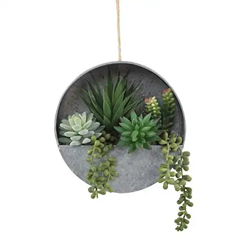 Flora Bunda Modern Artificial Succulent in 8 inch Hanging Galvanized Tin Wall Planter, Boho Wall Decor, Hanging Fake Plants Cactus for Home, Office