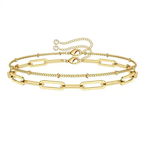 Turandoss Gold Bracelets for Women, 14K Filled Layering Oval Chain Bracelet Cute Layered Beads Women Jewelry(Oval & Chain)