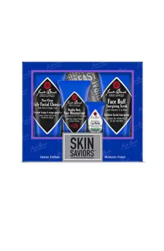 Jack Black Skin Saviors Set – Pure Clean Daily Facial Cleanser, Double-Duty Face Moisturizer SPF 20, Intense Therapy Lip Balm SPF 25 Natural Mint & Shea Butter, & Face Buff Energizing Scrub