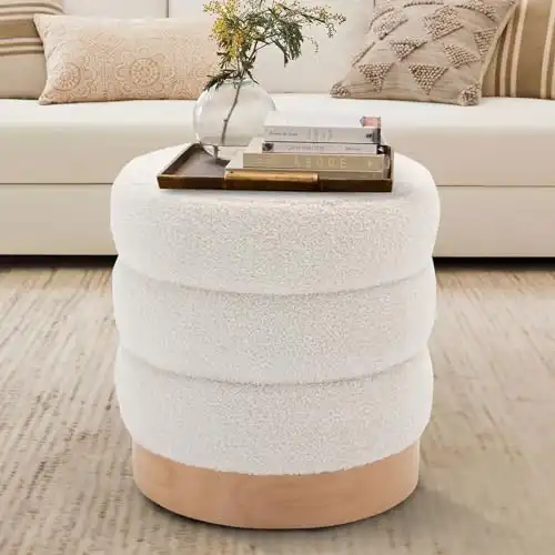 COLAMY Sherpa Ottoman Footstool, Tufted Modern Foot Rest Stool with Wood Base for Living Room, Bedroom, Desk, Round Versatile Side End Table, Pouf, Makeup Seat, Cream